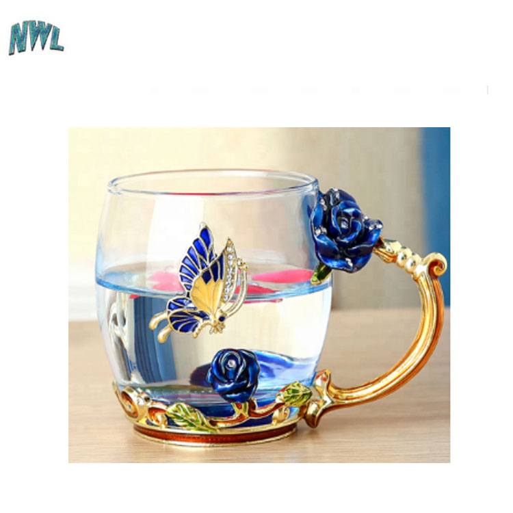 Wholesale Enamel Printed Flower Design Glass Rose Water Tea Cup