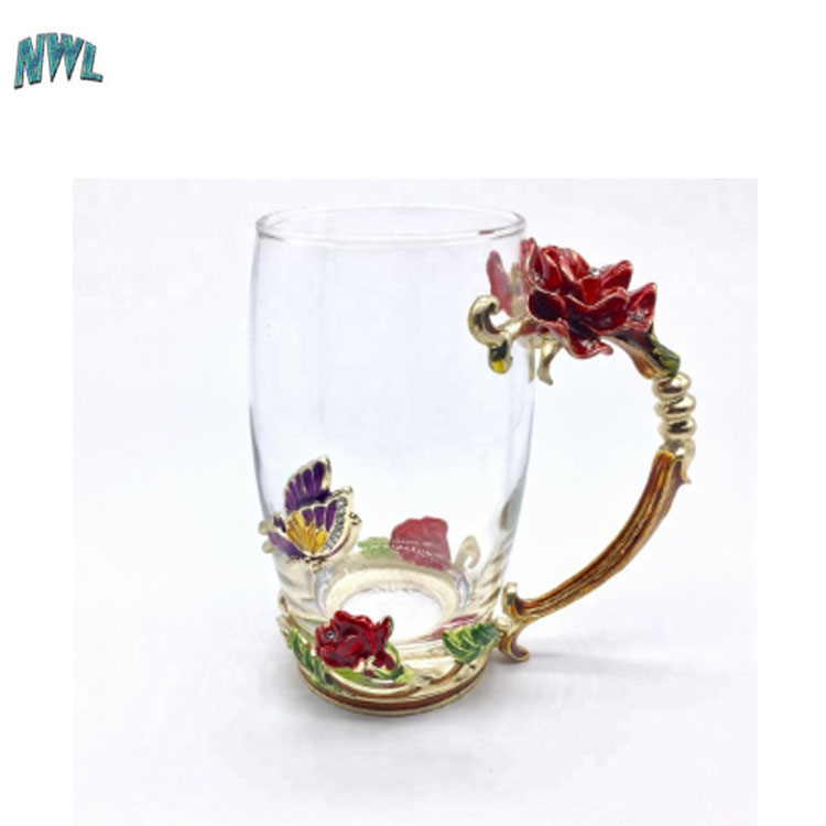 Wholesale Enamel Printed Flower Design Glass Rose Water Tea Cup