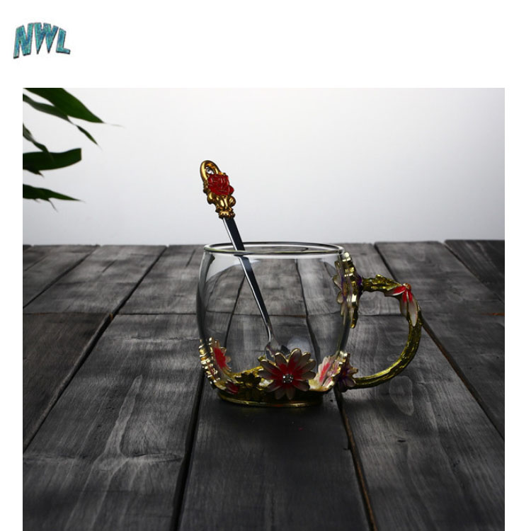 Wholesale Enamel Printed Flower Design Glass Rose Water Tea Cup