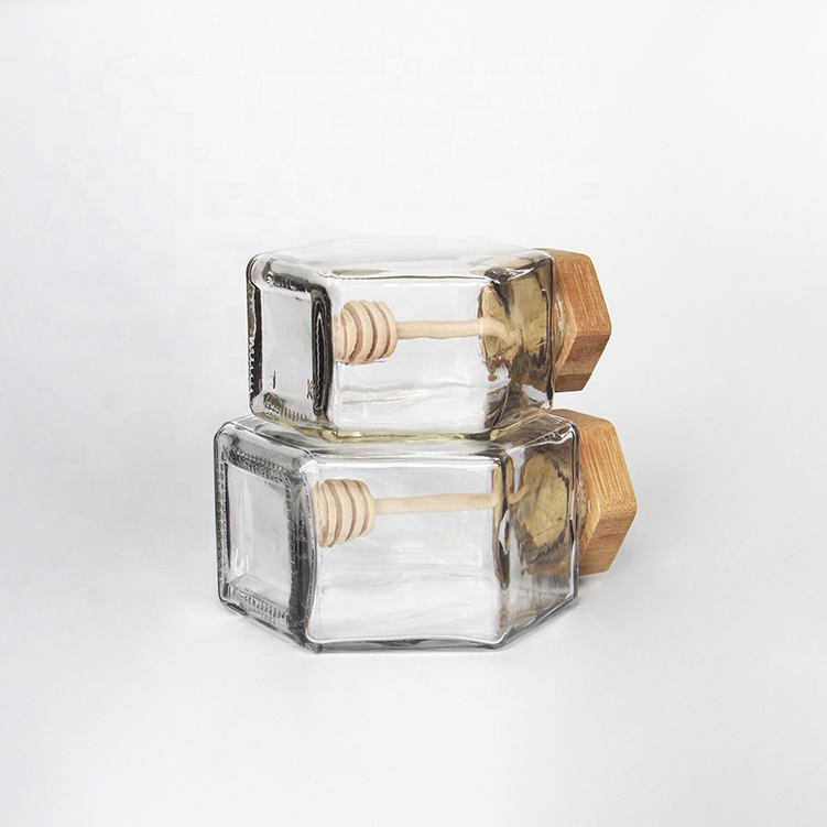 Wholesale Flat Hexagon Glass Honey Containers Bottle With Wooden Dipper