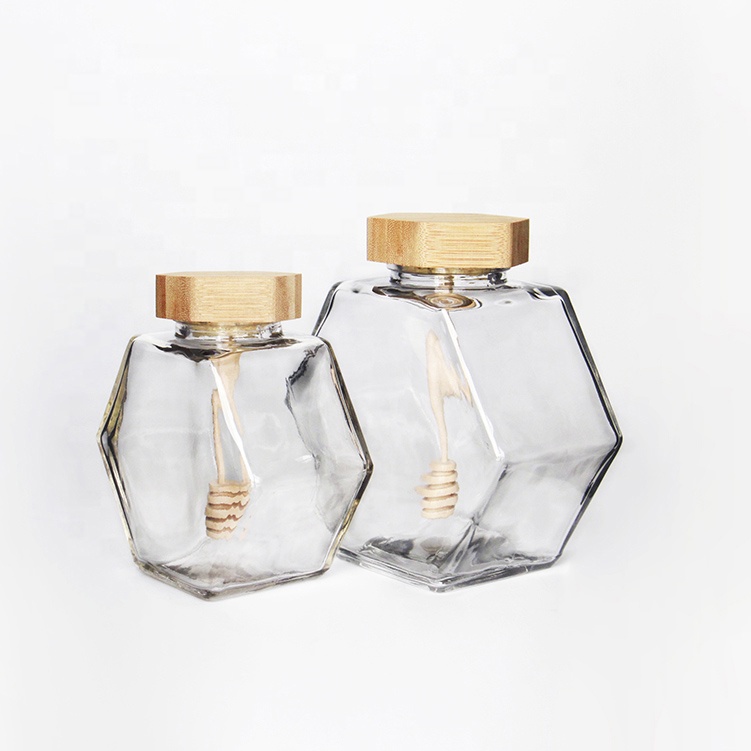 Wholesale Flat Hexagon Glass Honey Containers Bottle With Wooden Dipper