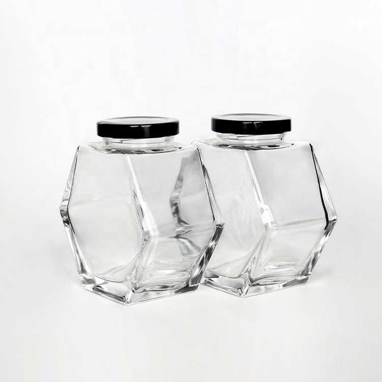Wholesale Flat Hexagon Glass Honey Containers Bottle With Wooden Dipper