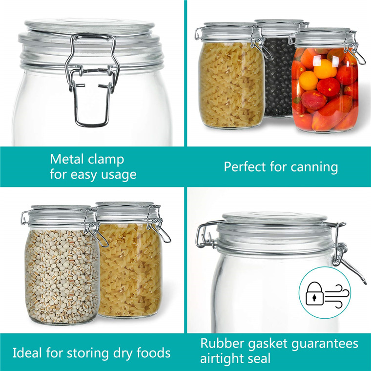 Wholesale Food Safe Glass Jar With Metal Clip Lid And Rubber Seal/Airtight Storage Jar