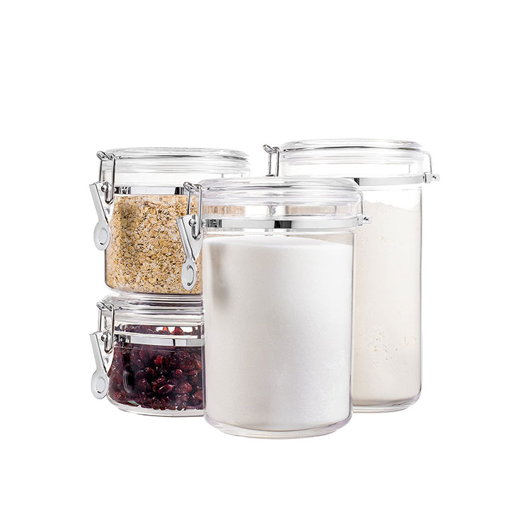 Wholesale Food Storage Container Airtight Acrylic Canister Sugar Jar Set with Silicone Gasket and Clamp