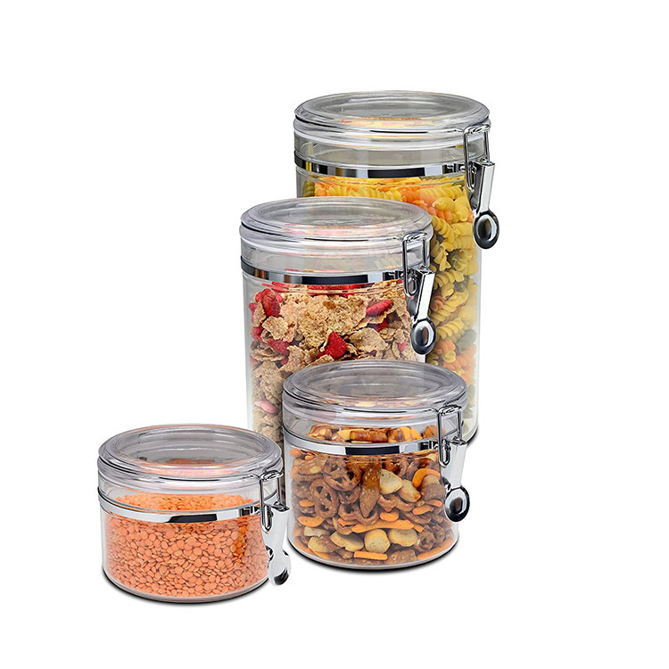 Wholesale Food Storage Container Airtight Acrylic Canister Sugar Jar Set with Silicone Gasket and Clamp