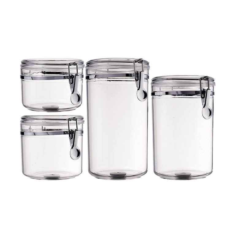 Wholesale Food Storage Container Airtight Acrylic Canister Sugar Jar Set with Silicone Gasket and Clamp