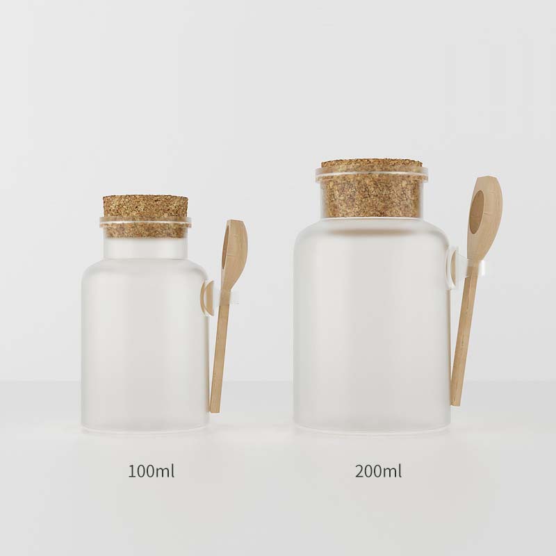 Wholesale Frost ABS Plastic Bath Salt Container Jars with Wood Spoon and Cork Lid 100ml for Cosmetic Packaging
