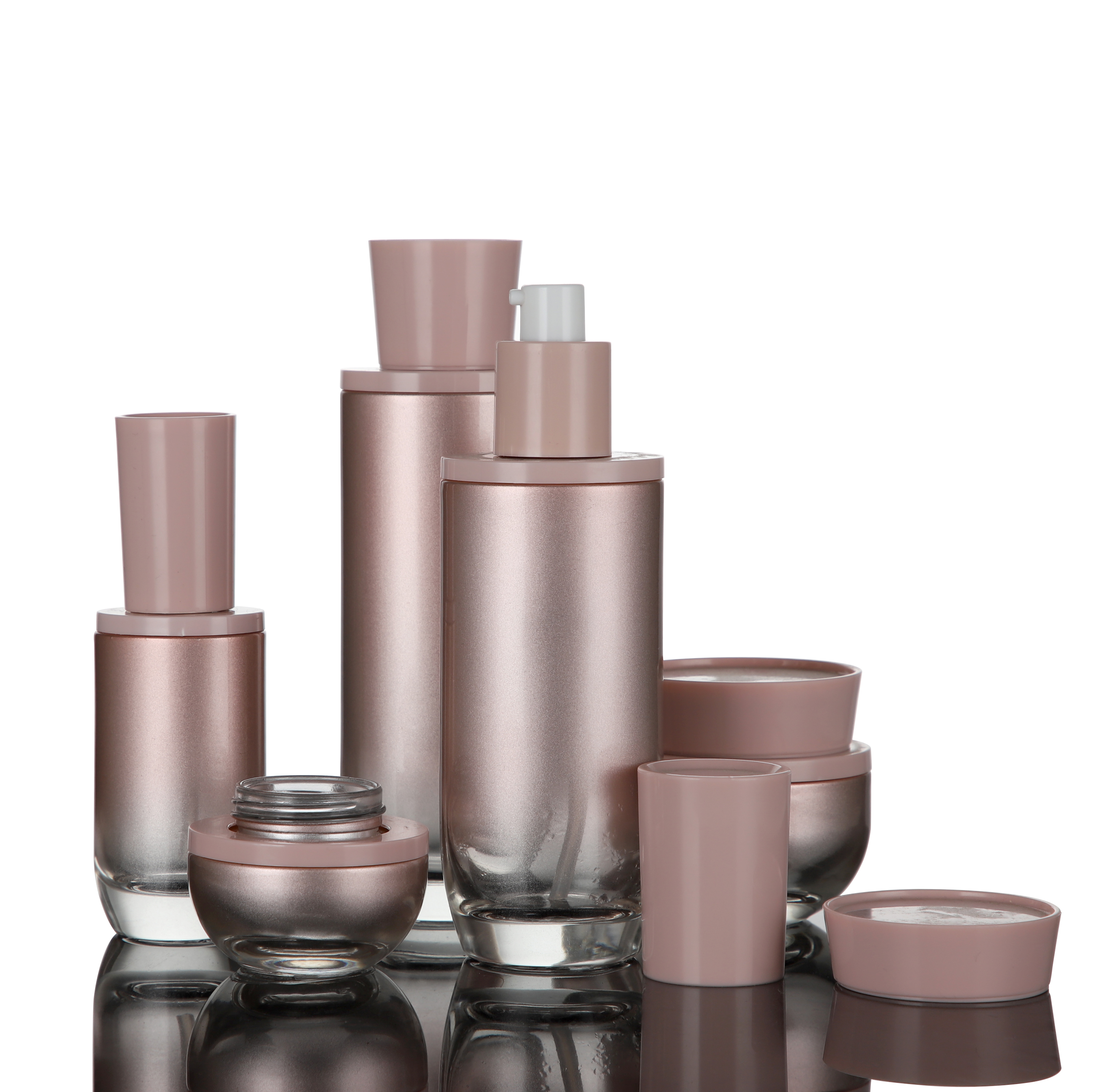 Wholesale Glass Cosmetic set of lotion pump bottle in 45ml 120ml 160ml and 30g 50g cream jar for skin care