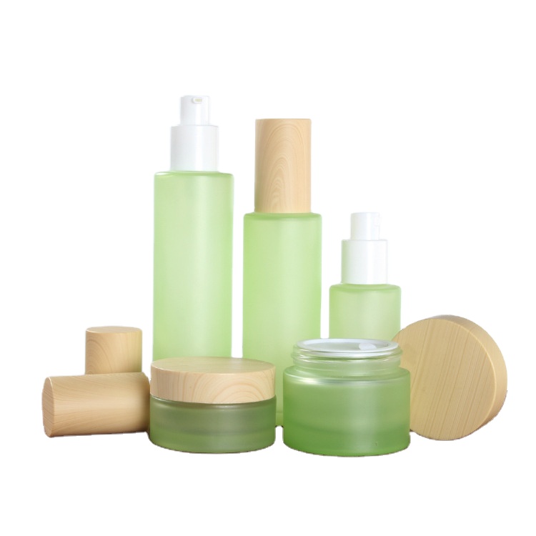 Wholesale Glass Frosted Green Lotion Packaging Bottle Glass Jar for Face Cream