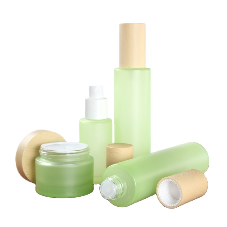 Wholesale Glass Frosted Green Lotion Packaging Bottle Glass Jar for Face Cream
