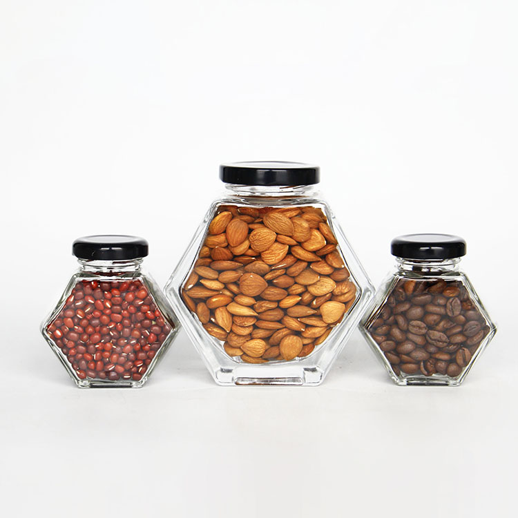Wholesale Glass Hexagonal Food Storage Jars Honey Jelly Jam Jars with Metal Lids
