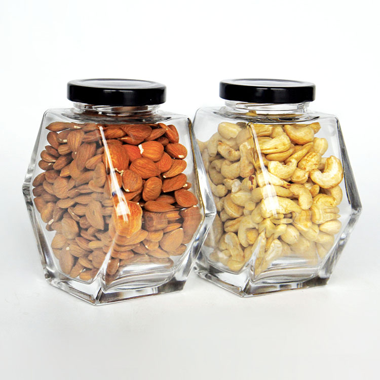 Wholesale Glass Hexagonal Food Storage Jars Honey Jelly Jam Jars with Metal Lids
