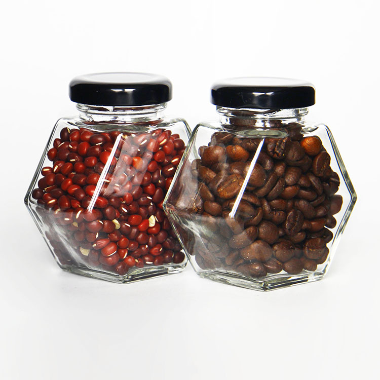 Wholesale Glass Hexagonal Food Storage Jars Honey Jelly Jam Jars with Metal Lids