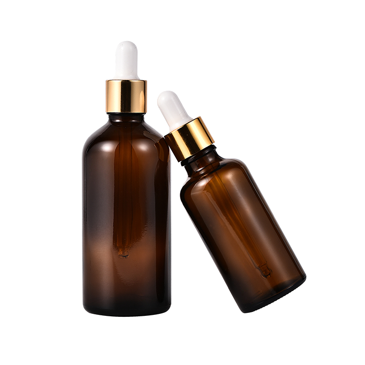 Wholesale Glass essential oil bottle Cosmetic packaging amber serum essential oil glass dropper bottle with silver golden cap