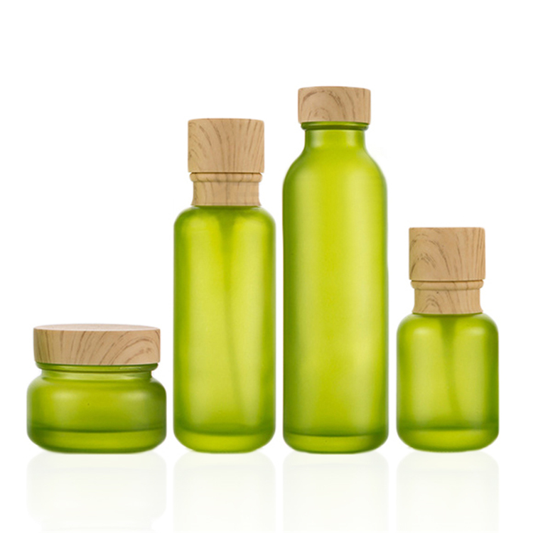 Wholesale Green Bottle 50g 50ml 110ml 150ml Frosted Glass Cosmetics Set Bottles With Bamboo Lids