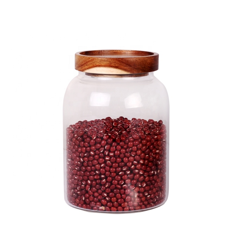 Wholesale Hand Blown Clear Wide Mouth Borosilicate Glass Jar With Sealed Wood Lid