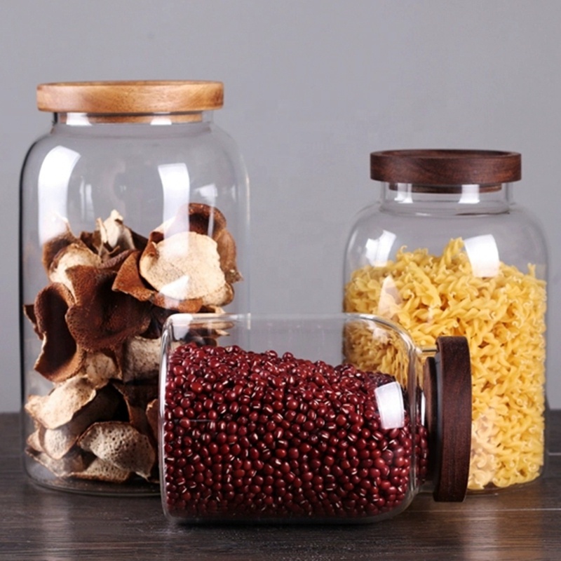 Wholesale Hand Blown Clear Wide Mouth Borosilicate Glass Jar With Sealed Wood Lid