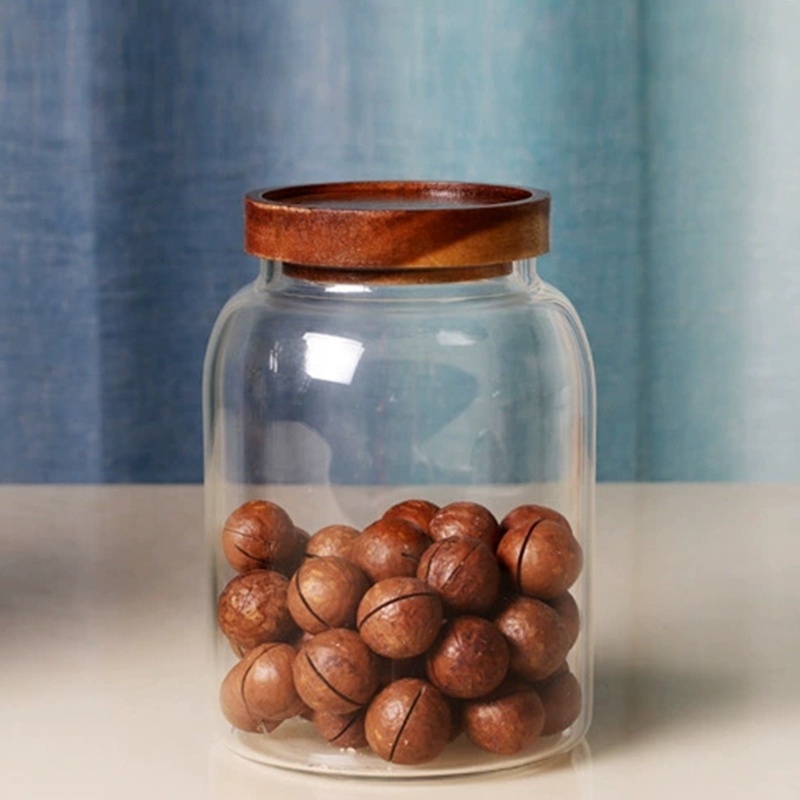 Wholesale Hand Blown Clear Wide Mouth Borosilicate Glass Jar With Sealed Wood Lid