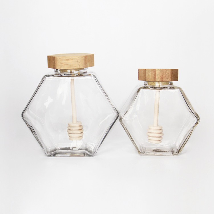 Wholesale Hexagonal Glass Honey Container Honey Storage Bottle Glass Honey Jar With Matel Lid