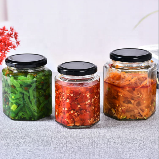 Wholesale Hexagonal Glass Honey Container Honey Storage Bottle Glass Honey Jar With Metal Lid