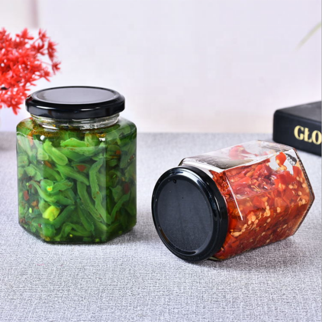 Wholesale Hexagonal Glass Honey Container Honey Storage Bottle Glass Honey Jar With Metal Lid