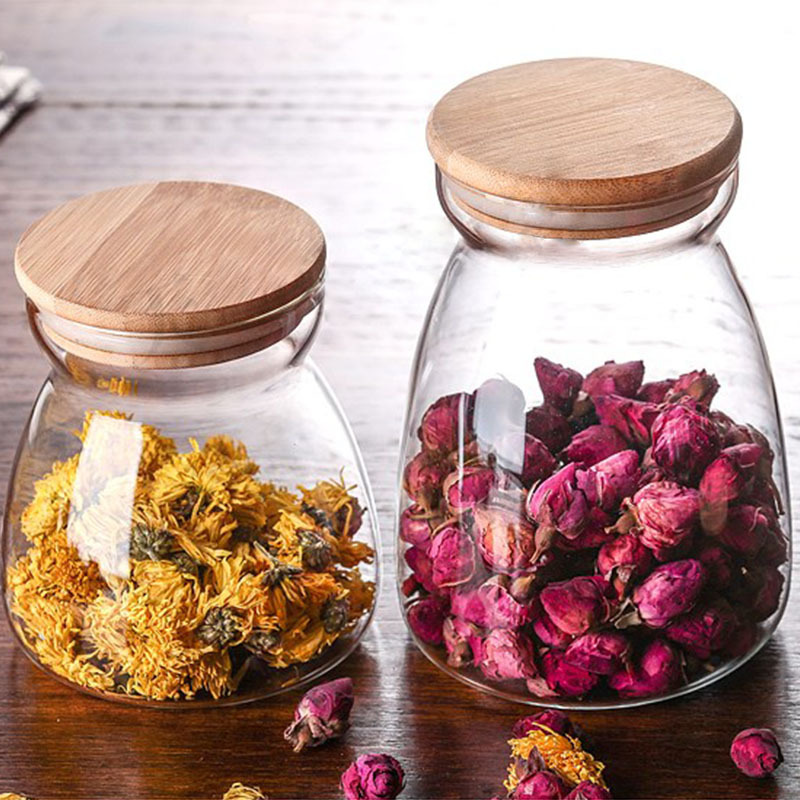 Wholesale High Borosilicate Glass Bamboo Lid Kitchen Storage Sealed Glass Jar