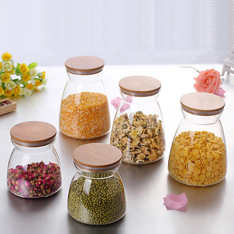 Wholesale High Borosilicate Glass Bamboo Lid Kitchen Storage Sealed Glass Jar