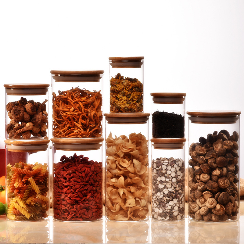 Wholesale High Borosilicate Glass Jars Grain Storage Kitchen Food Grain Rice Container Herb Storage Container With Bamboo Lid