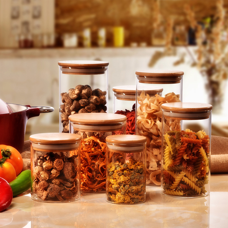 Wholesale High Borosilicate Glass Jars Grain Storage Kitchen Food Grain Rice Container Herb Storage Container With Bamboo Lid