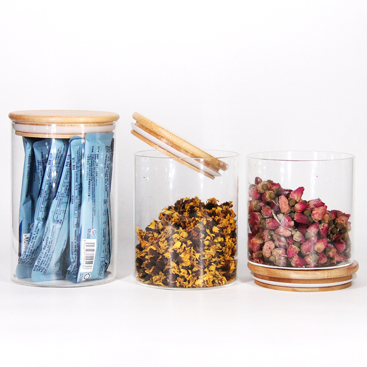 Wholesale High Borosilicate Glass Round Sealed Jar Straight Tube Bamboo Cover Sealed Jar Round Transparent Food Storage Tank