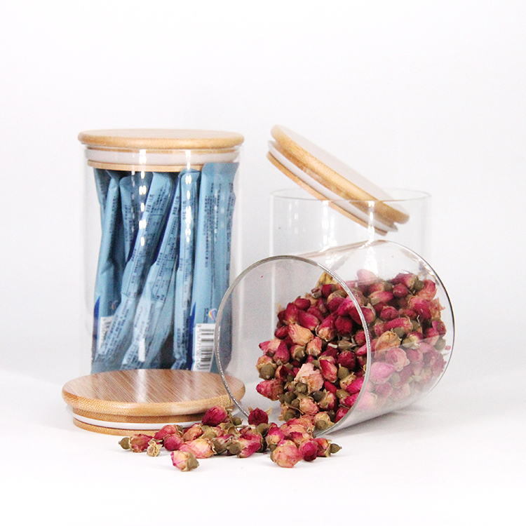 Wholesale High Borosilicate Glass Round Sealed Jar Straight Tube Bamboo Cover Sealed Jar Round Transparent Food Storage Tank