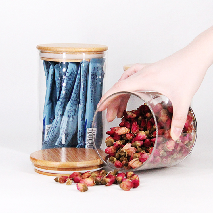 Wholesale High Borosilicate Glass Round Sealed Jar Straight Tube Bamboo Cover Sealed Jar Round Transparent Food Storage Tank