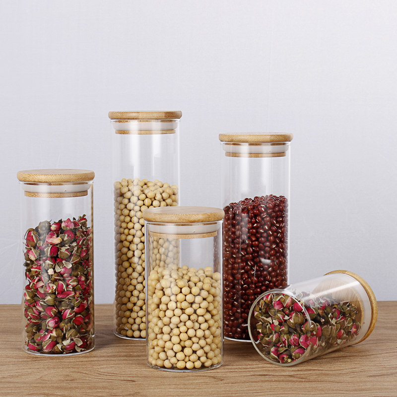 Wholesale High Borosilicate Kitchen Storage Glass Spice Jar Sets With Bamboo lid