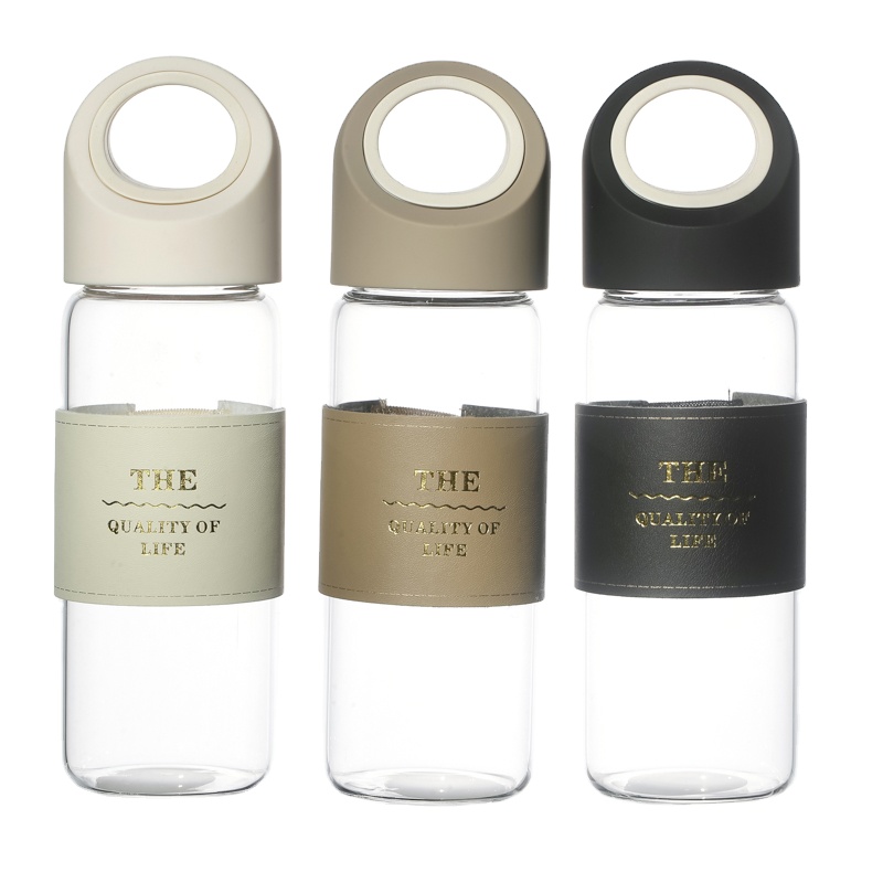 Wholesale High Borosilicate Leather Decorated Empty 400ml Glass Water Bottle