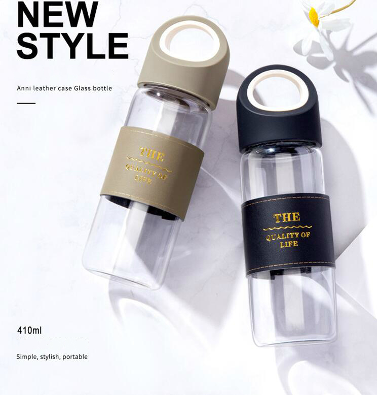 Wholesale High Borosilicate Leather Decorated Empty 400ml Glass Water Bottle