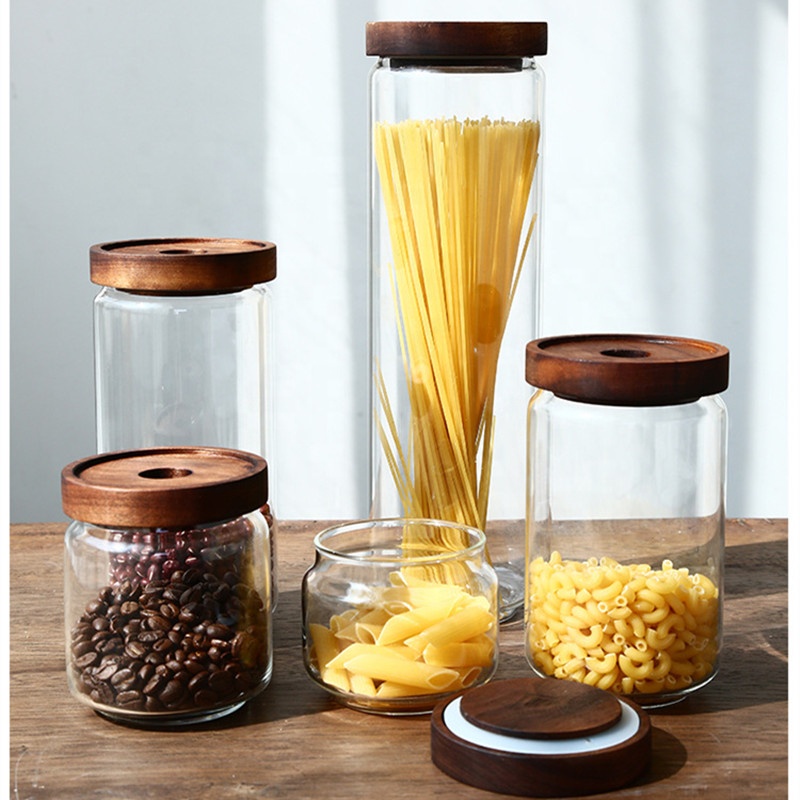 Wholesale High Borosilicate Round Shape Glass Storage Jars and Bottles with Wooden Lid