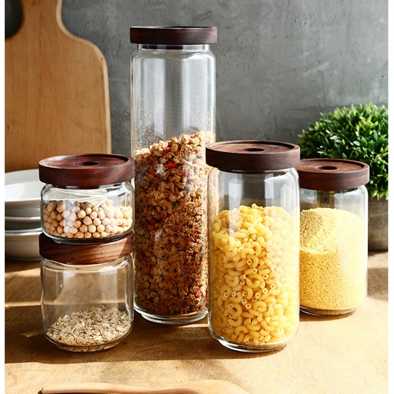 Wholesale High Borosilicate Round Shape Glass Storage Jars and Bottles with Wooden Lid