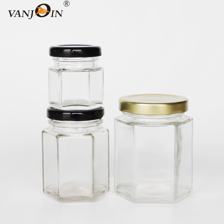 Wholesale High Grade Empty Clear Glass 180ml 280ml 400ml Hexagon Glass Jar For Honey With Lid Vanjoin