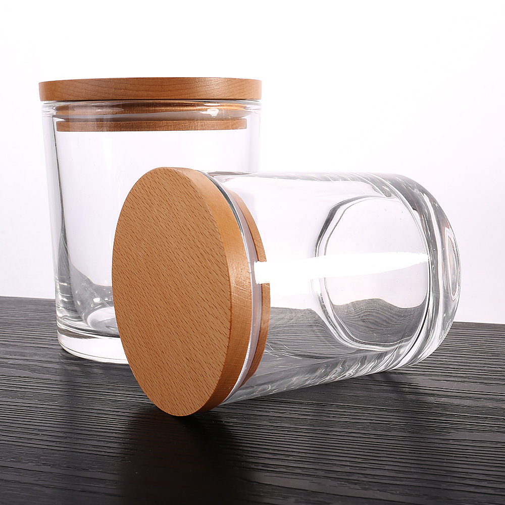 Wholesale High Quality Empty Home Decoration Glass Candle Jar with Wooden Lid