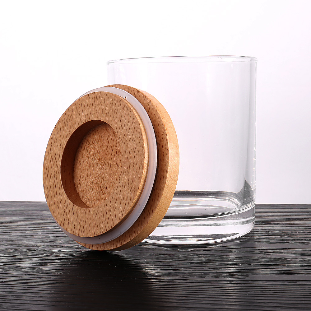 Wholesale High Quality Empty Home Decoration Glass Candle Jar with Wooden Lid