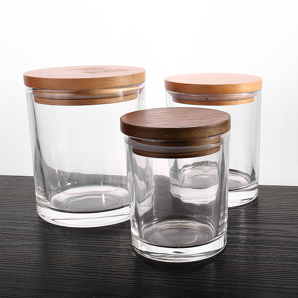 Wholesale High Quality Empty Home Decoration Glass Candle Jar with Wooden Lid