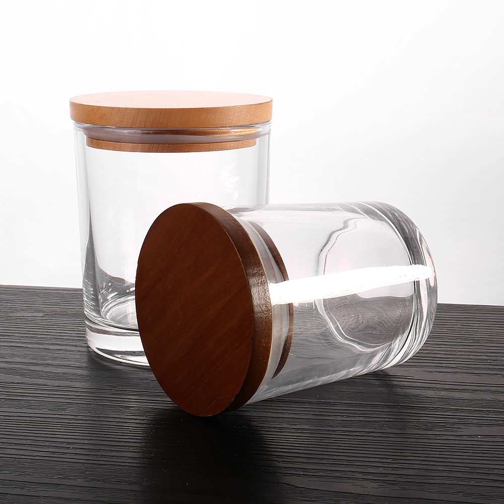Wholesale High Quality Empty Home Decoration Glass Candle Jar with Wooden Lid