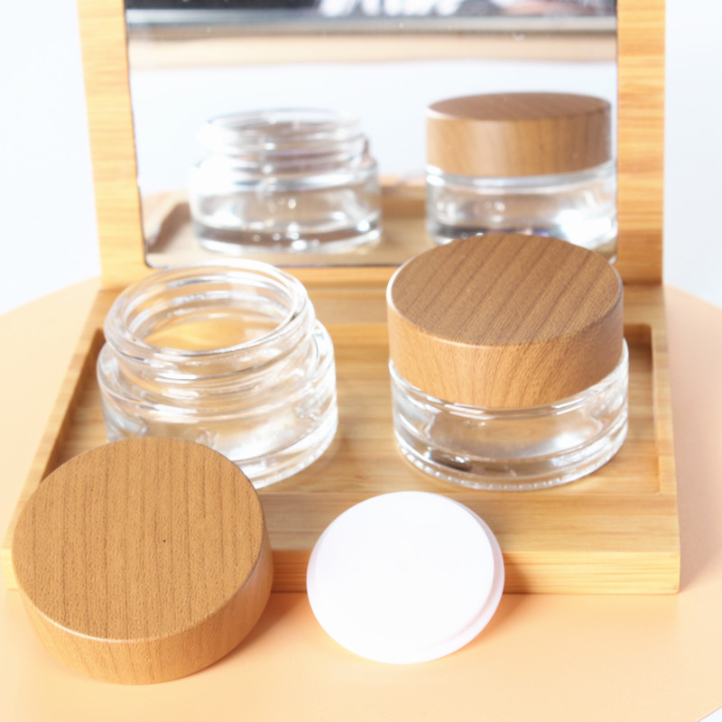 Wholesale High Quality Round Shape Wood Grain Aluminum Lid Customized Empty 20g Face Cream Glass Jars