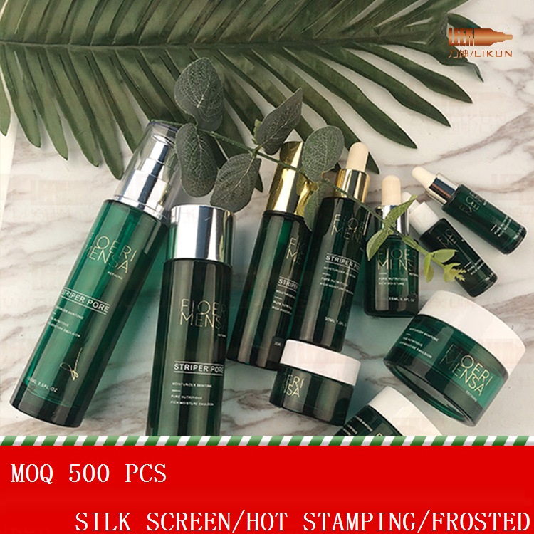 Wholesale High-grade luxurious GREEN glass cosmetic bottles and jars with silver caps in good price