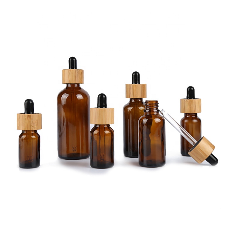 Wholesale Hot 5ml 10ml 15ml 20ml 30ml 50ml 100ml Bamboo Cap Essential Oil Amber Glass Dropper Bottle