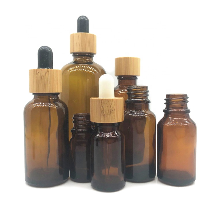 Wholesale Hot 5ml 10ml 15ml 20ml 30ml 50ml 100ml Bamboo Cap Essential Oil Amber Glass Dropper Bottle
