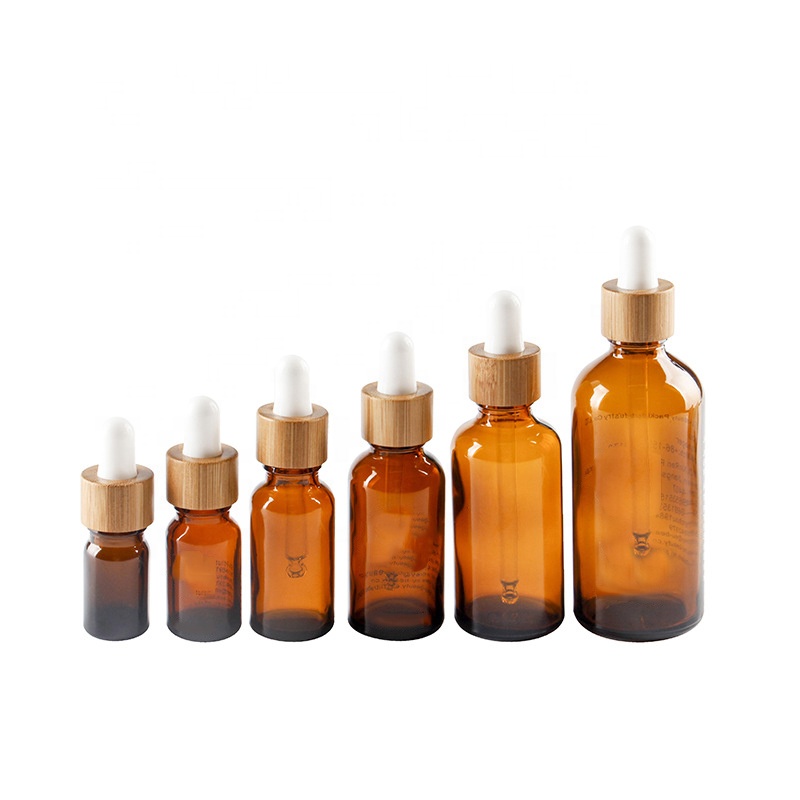 Wholesale Hot 5ml 10ml 15ml 20ml 30ml 50ml 100ml Bamboo Cap Essential Oil Amber Glass Dropper Bottle