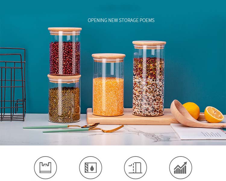 Wholesale Hot Sale Clear Glass Jars With Sealed Bamboo Wood Lids For Food Storage Spice Grains Tea Candy Coffee
