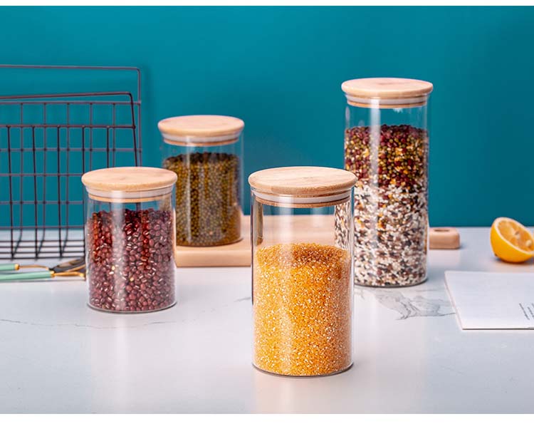 Wholesale Hot Sale Clear Glass Jars With Sealed Bamboo Wood Lids For Food Storage Spice Grains Tea Candy Coffee