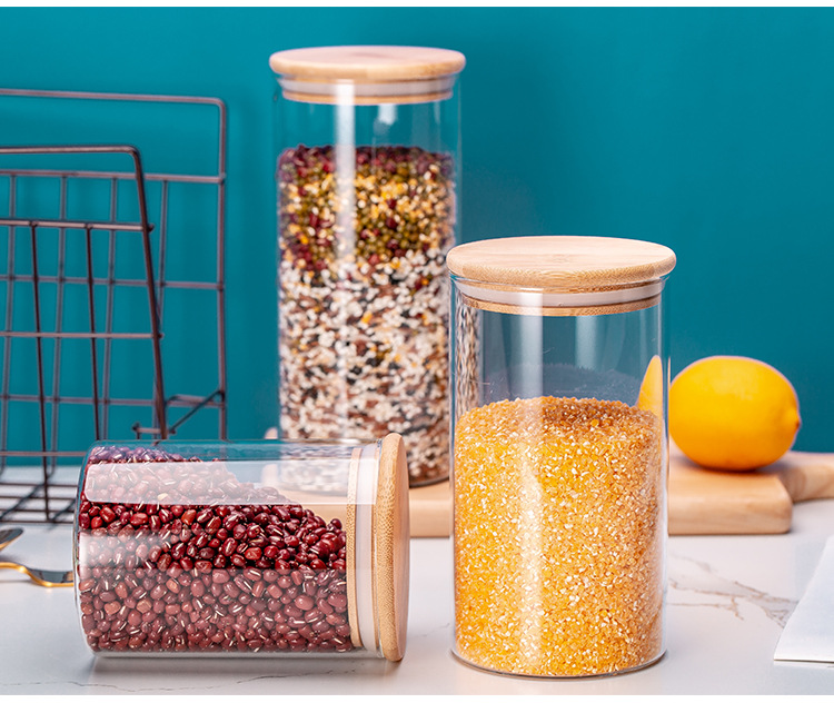 Wholesale Hot Sale Clear Glass Jars With Sealed Bamboo Wood Lids For Food Storage Spice Grains Tea Candy Coffee